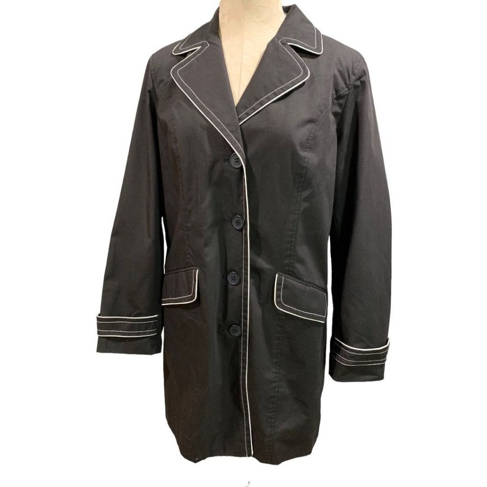 Medium Dennis by Dennis Basso Women's Black Trench Coat Jacket Scarf White Pipin